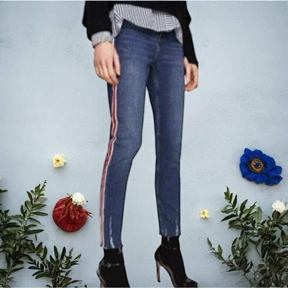 Zara Basic Z1975 Denim Blue Skinny Jeans with Red and White Side Stripes Size 4
